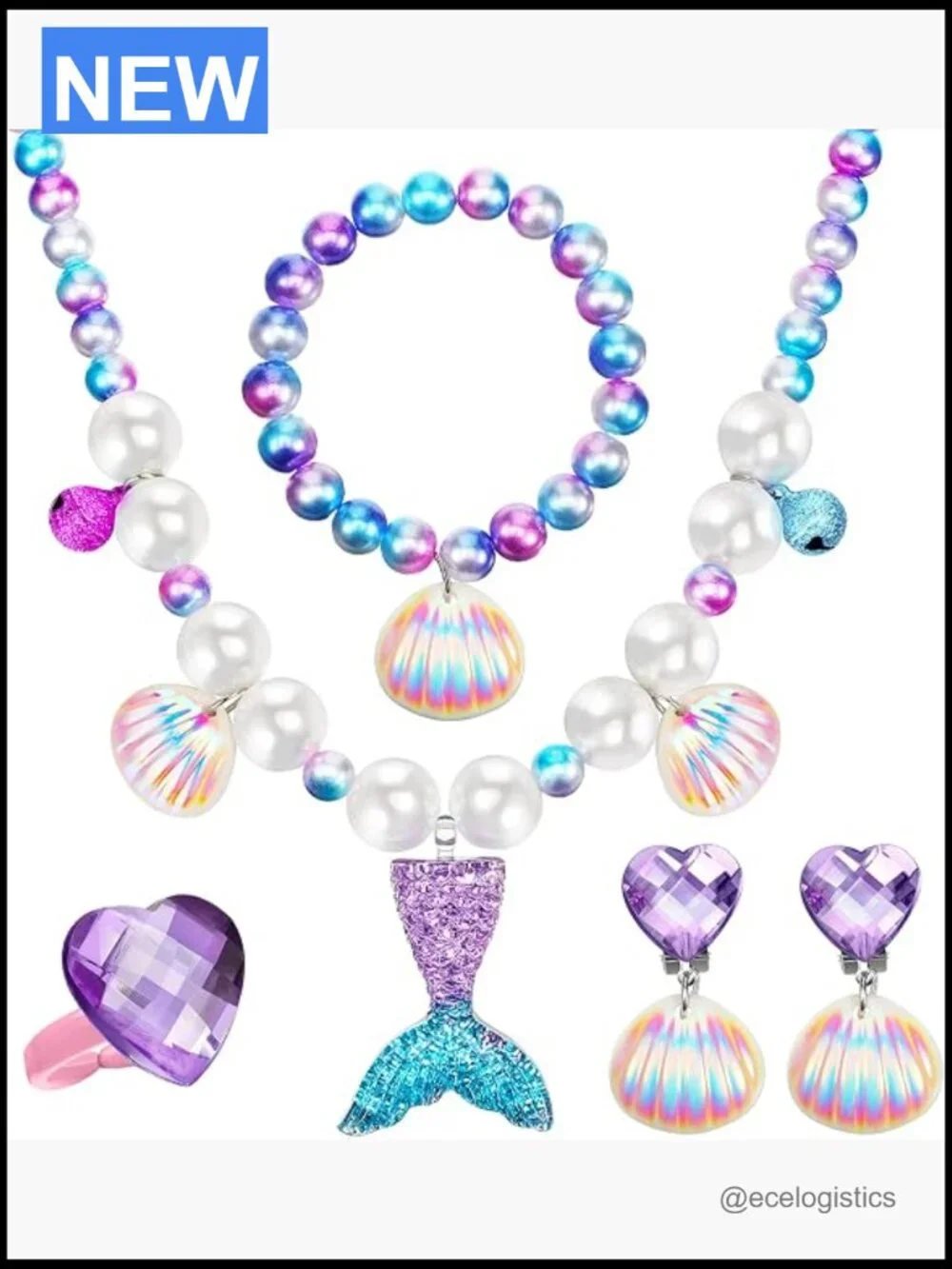 Mermaid Jewelry Set for Girls - Shell Necklace Bracelet Ring Earrings, Dress Up